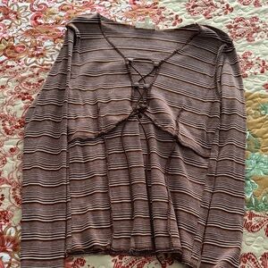 BKE Brown Striped Lace-Up Blouse